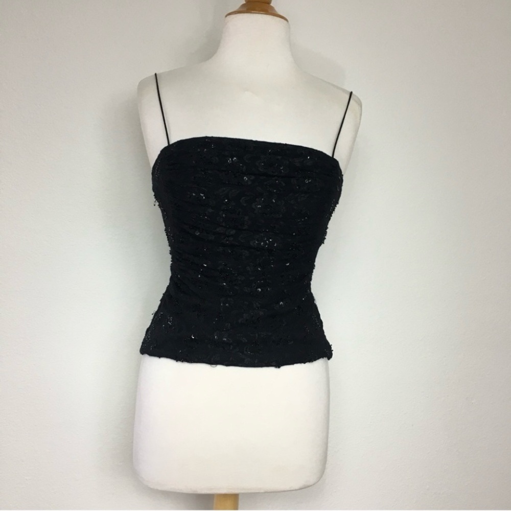 Vintage 90’s JS Boutique Black Beaded Lace Ruche Camisole Corset Top Size Small